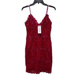 GUESS Pink Red Floral‎ Lace Scalloped Trim Spaghetti Strap Mini Dress M Party